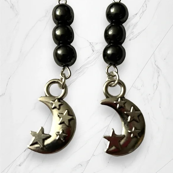 Hand Crafted Earrings Hematite Moon & Star Dangle Pierced Silver Gray Grey - Picture 2 of 9
